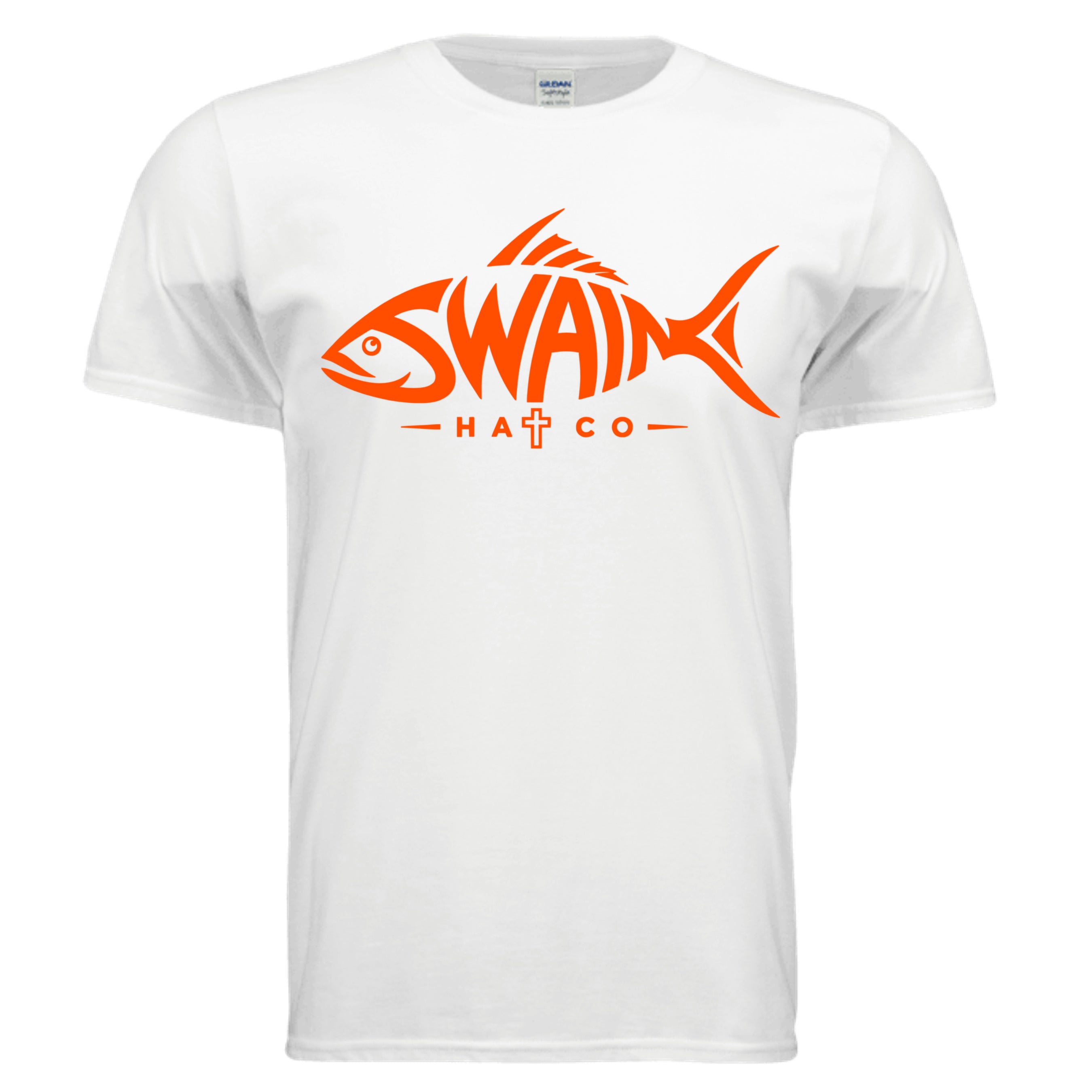 SwainfishLogo1 fishing graphic T-shirt in white, front view