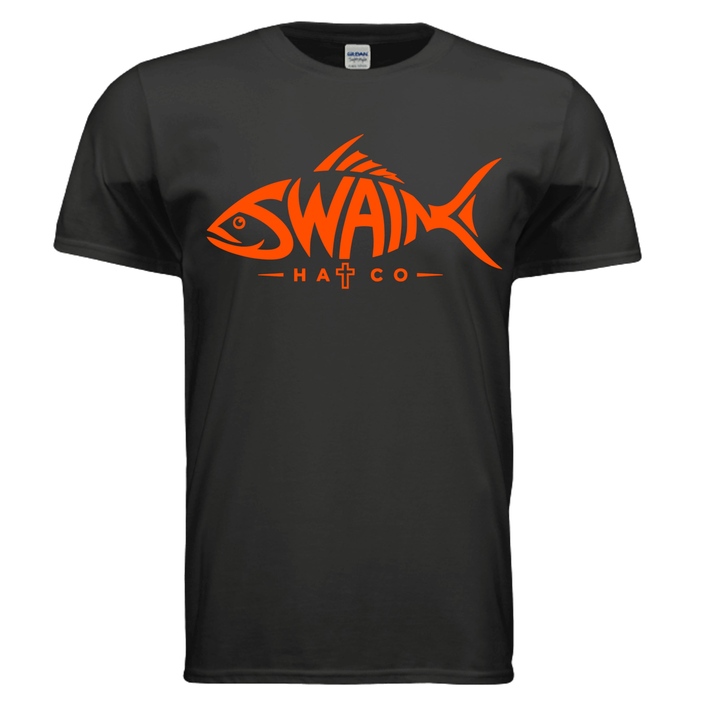 SwainfishLogo1 fishing graphic T-shirt in black, front view