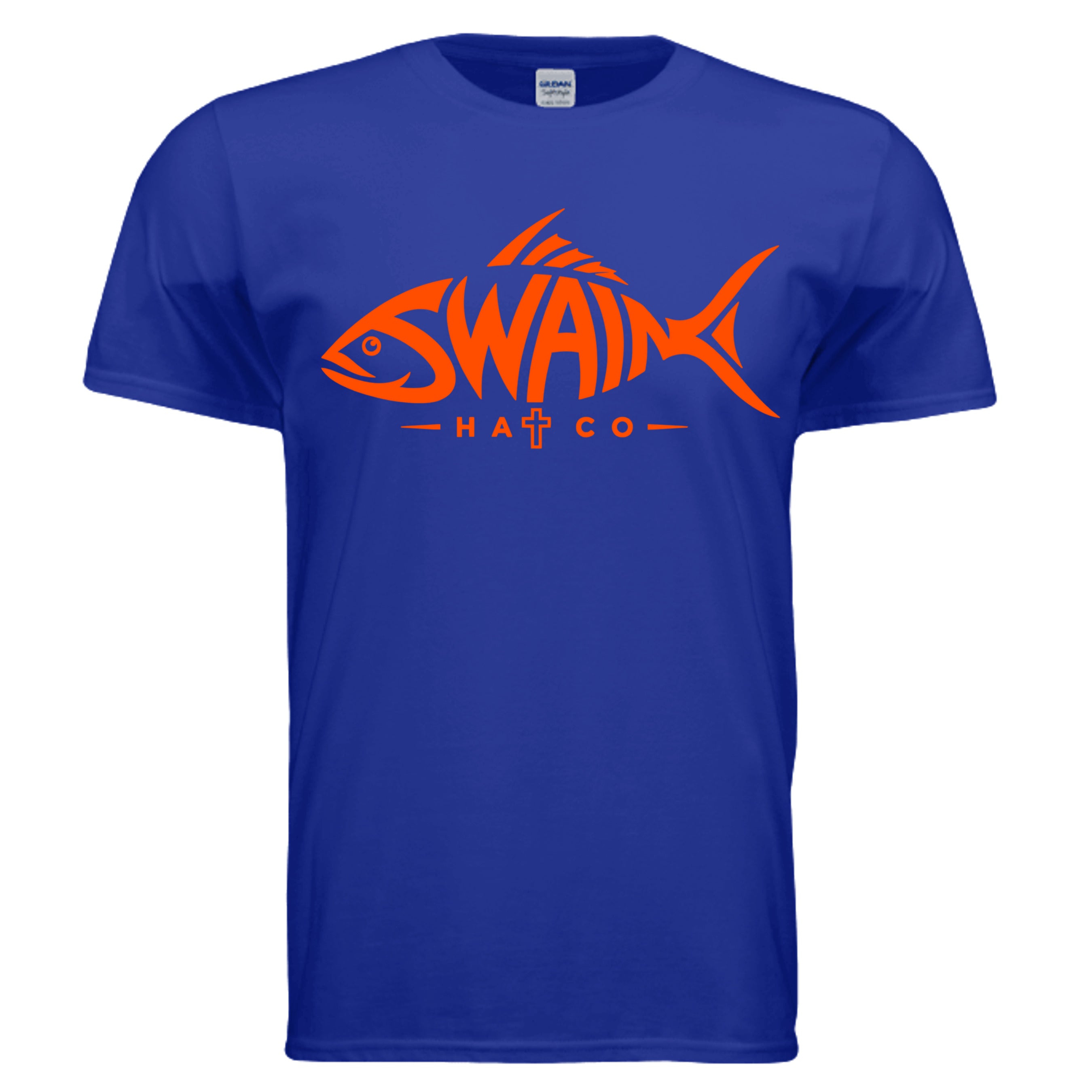 SwainfishLogo1 fishing graphic T-shirt in royal blue, front view
