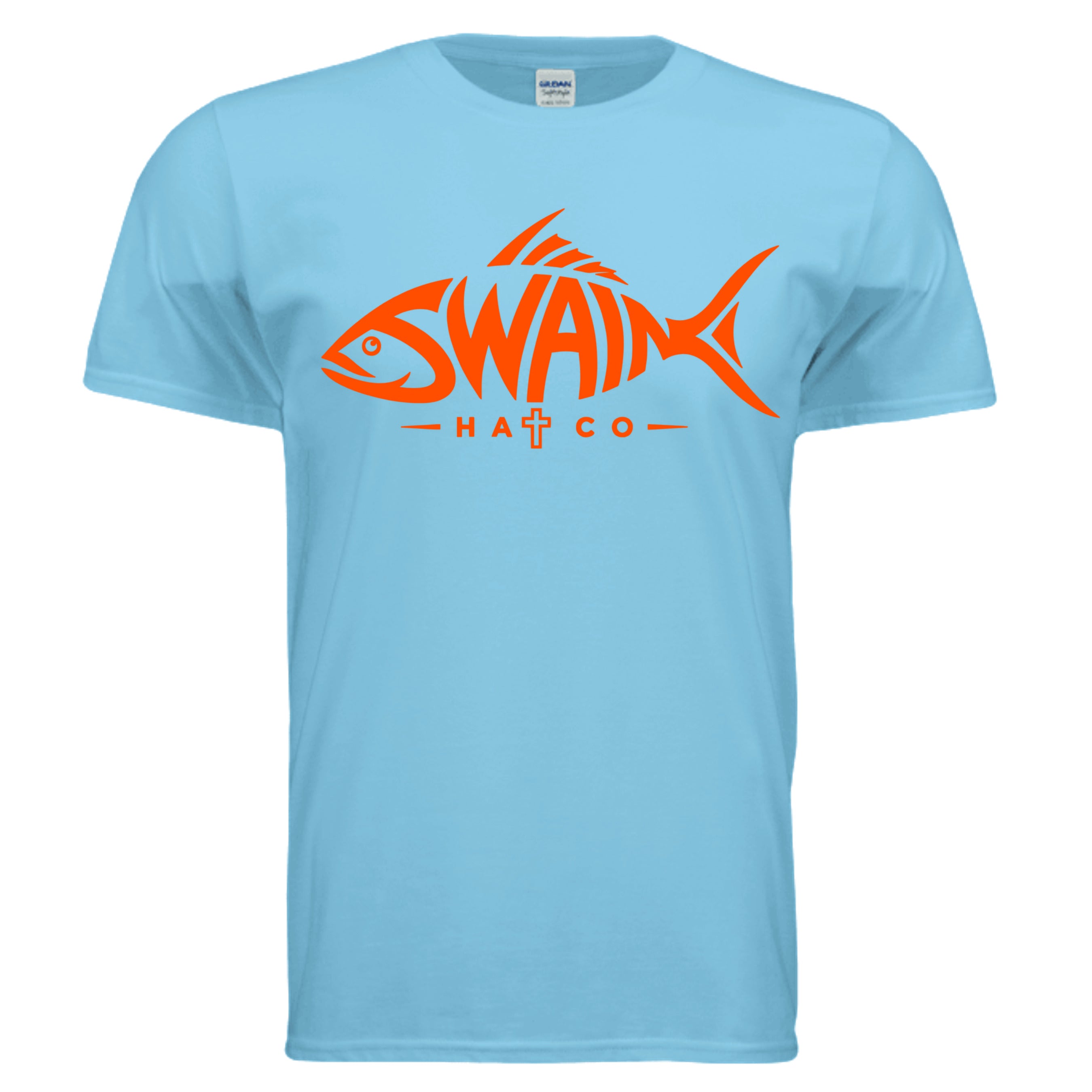 SwainfishLogo1 fishing graphic T-shirt in sky blue, front view