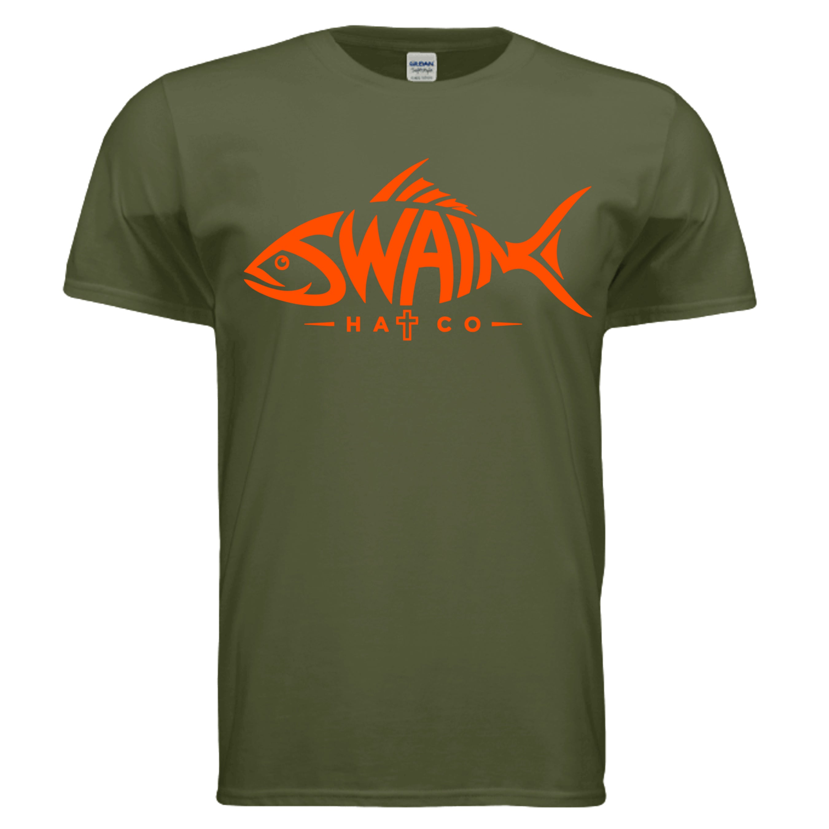 SwainfishLogo1 fishing graphic T-shirt in military green, front view