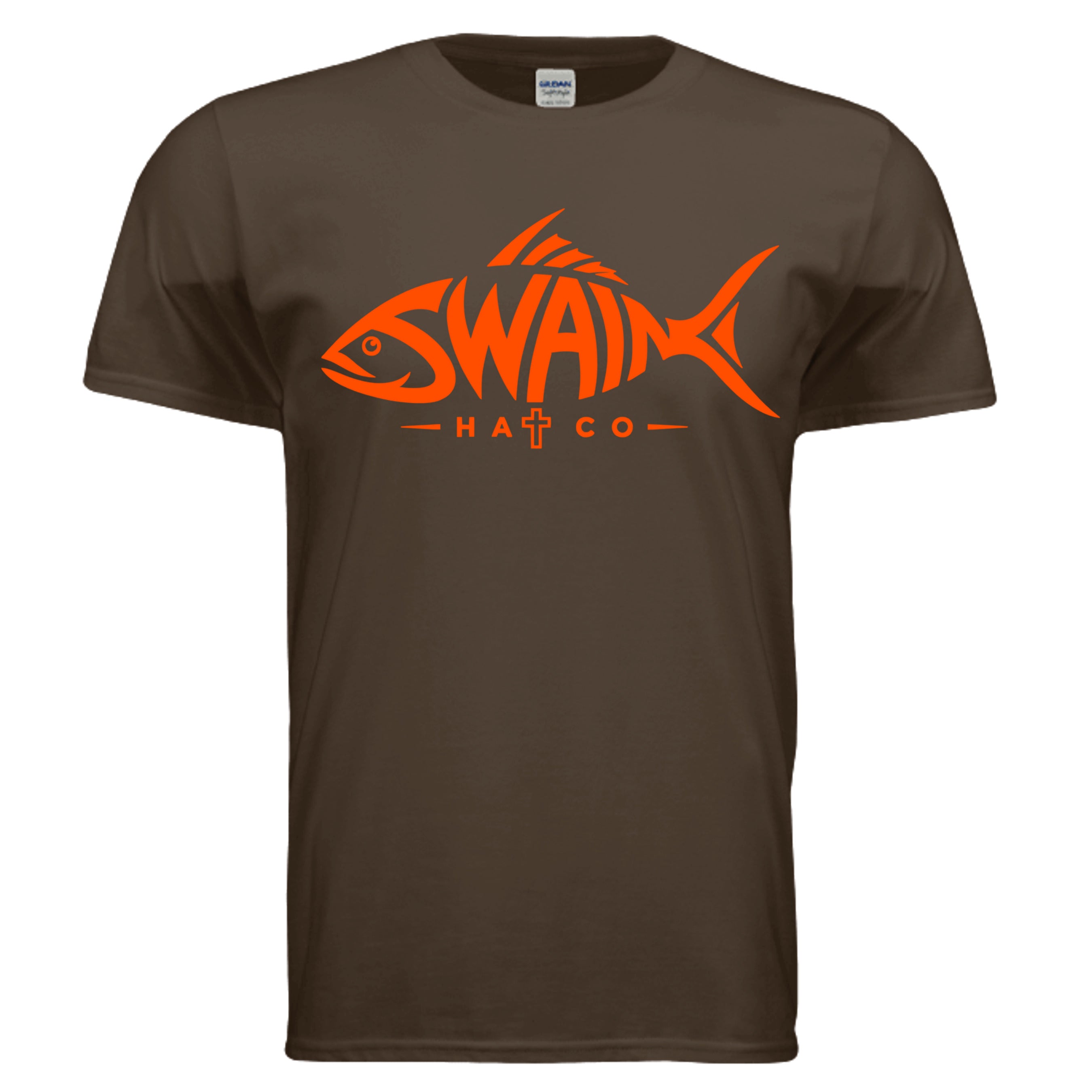 SwainfishLogo1 fishing graphic T-shirt in dark chocolate, front view