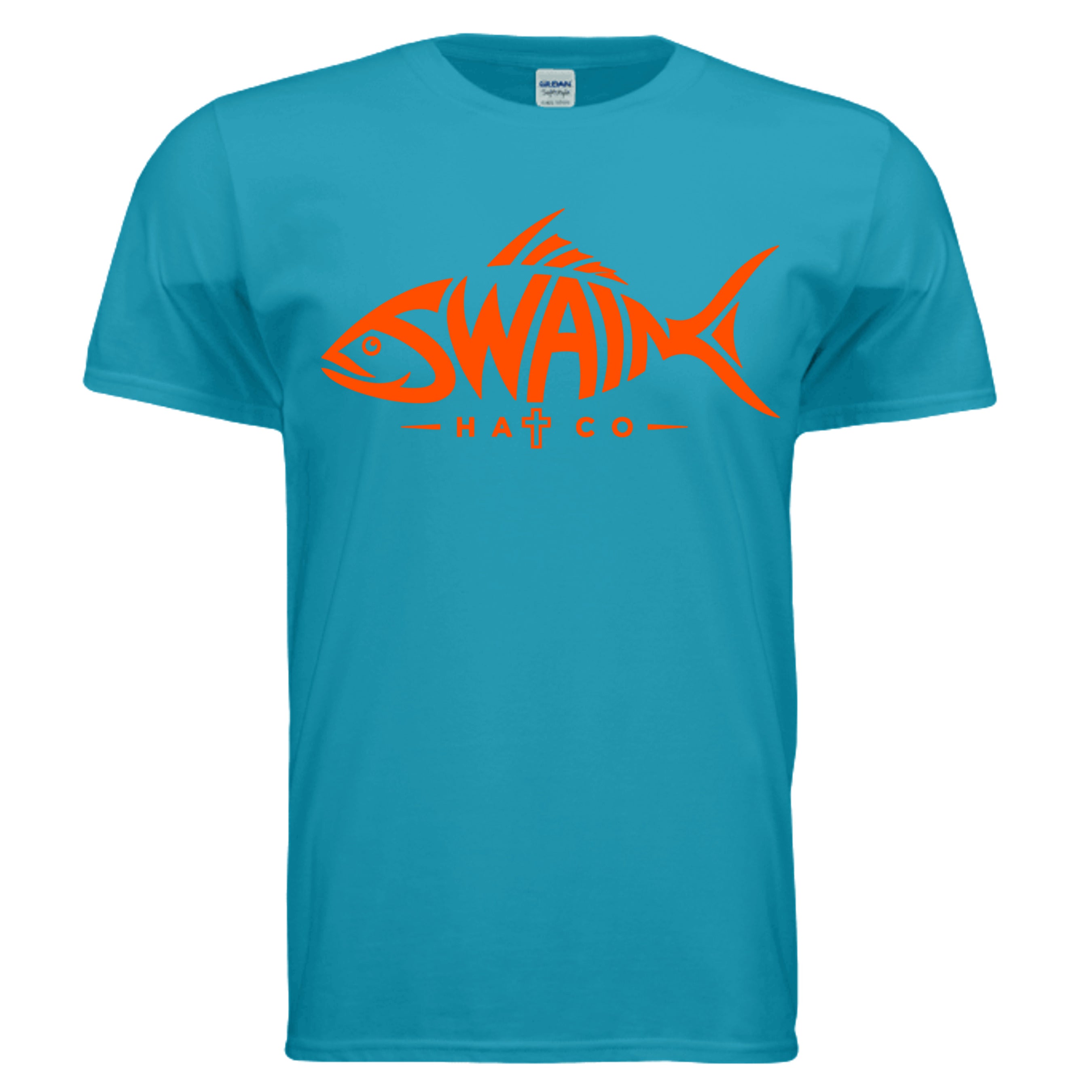 SwainfishLogo1 fishing graphic T-shirt in tropical blue, front view