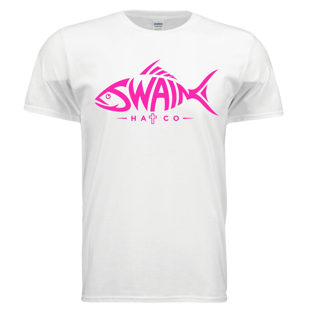 SwainfishLogo2 fishing graphic T-shirt in white, front view