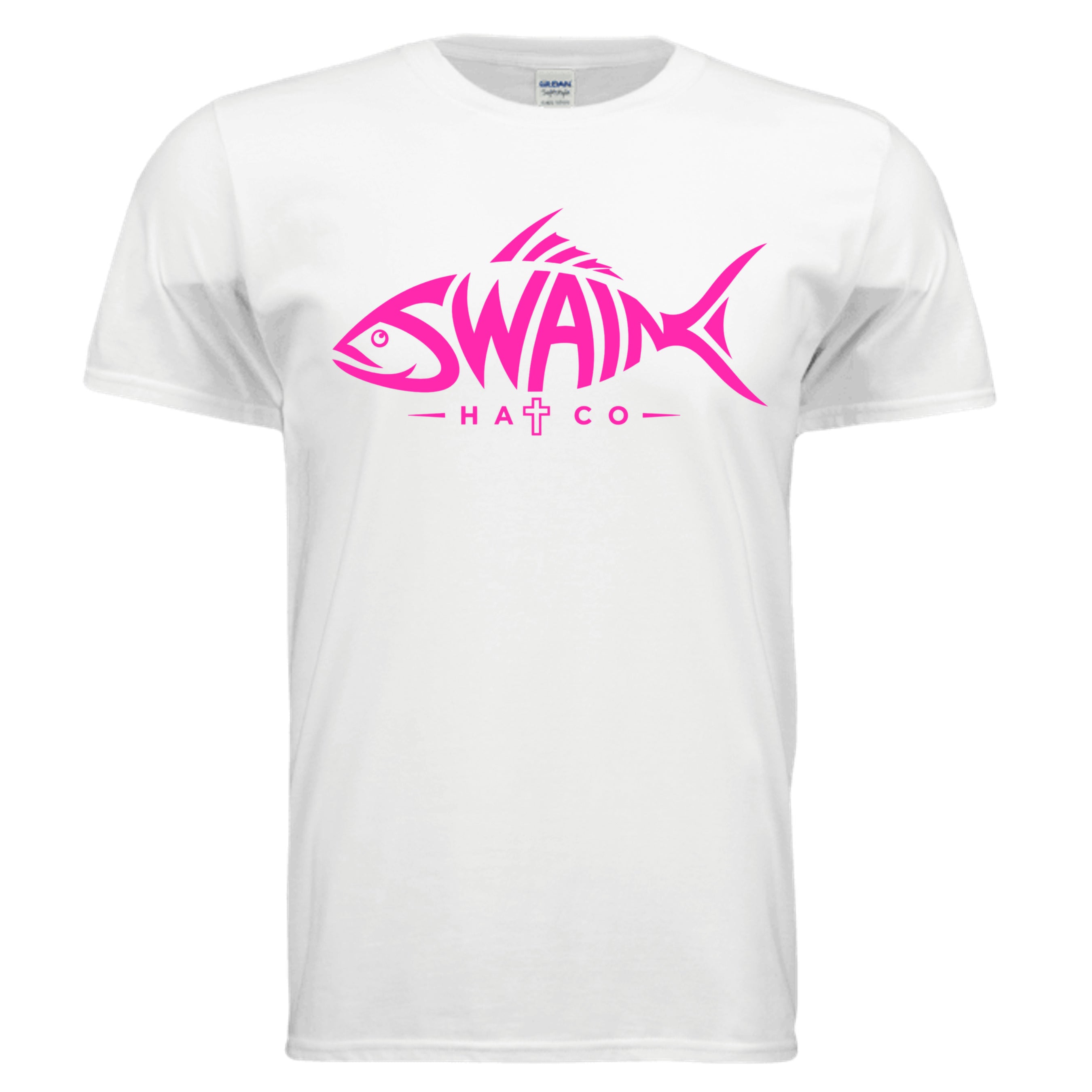 SwainfishLogo2 fishing graphic T-shirt in white, front view