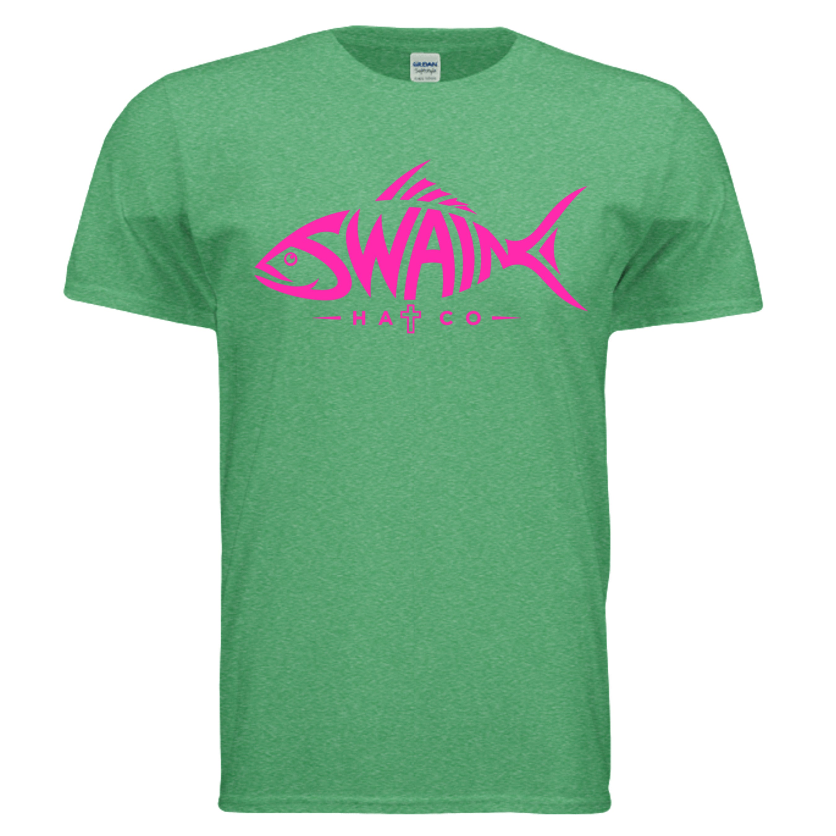 SwainfishLogo2 fishing graphic T-shirt in heather Irish green, front view