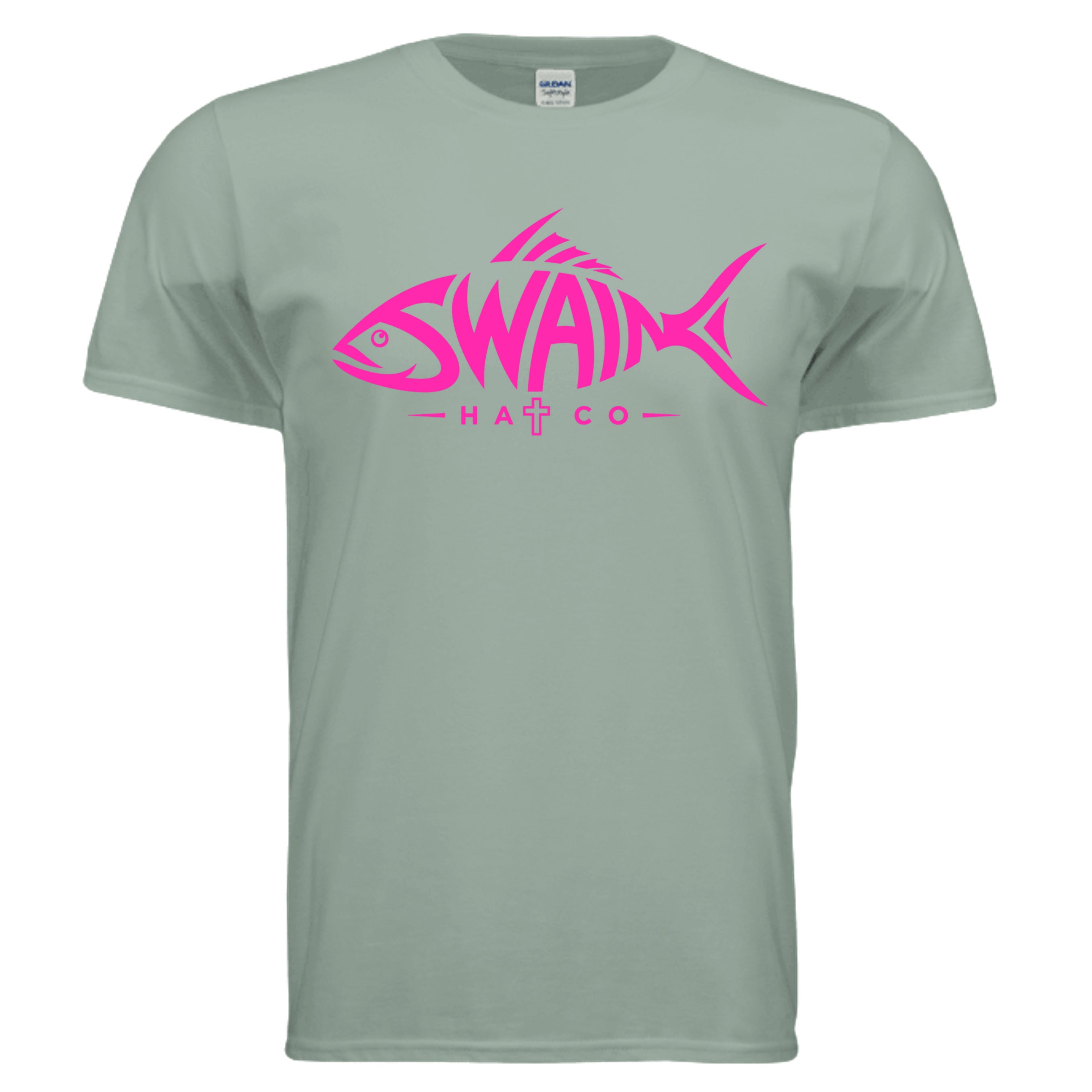 SwainfishLogo2 fishing graphic T-shirt in sage, front view