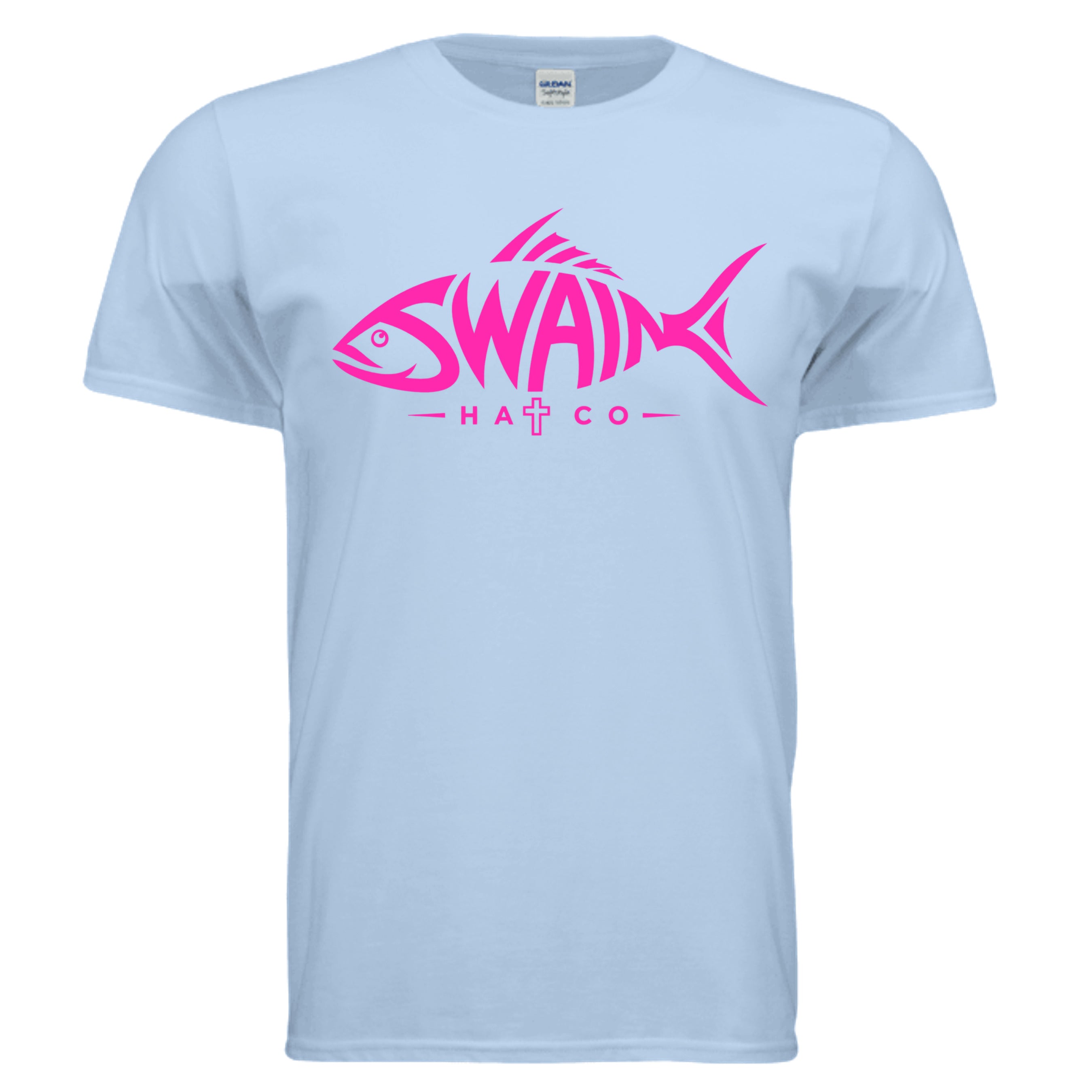 SwainfishLogo2 fishing graphic T-shirt in light blue, front view