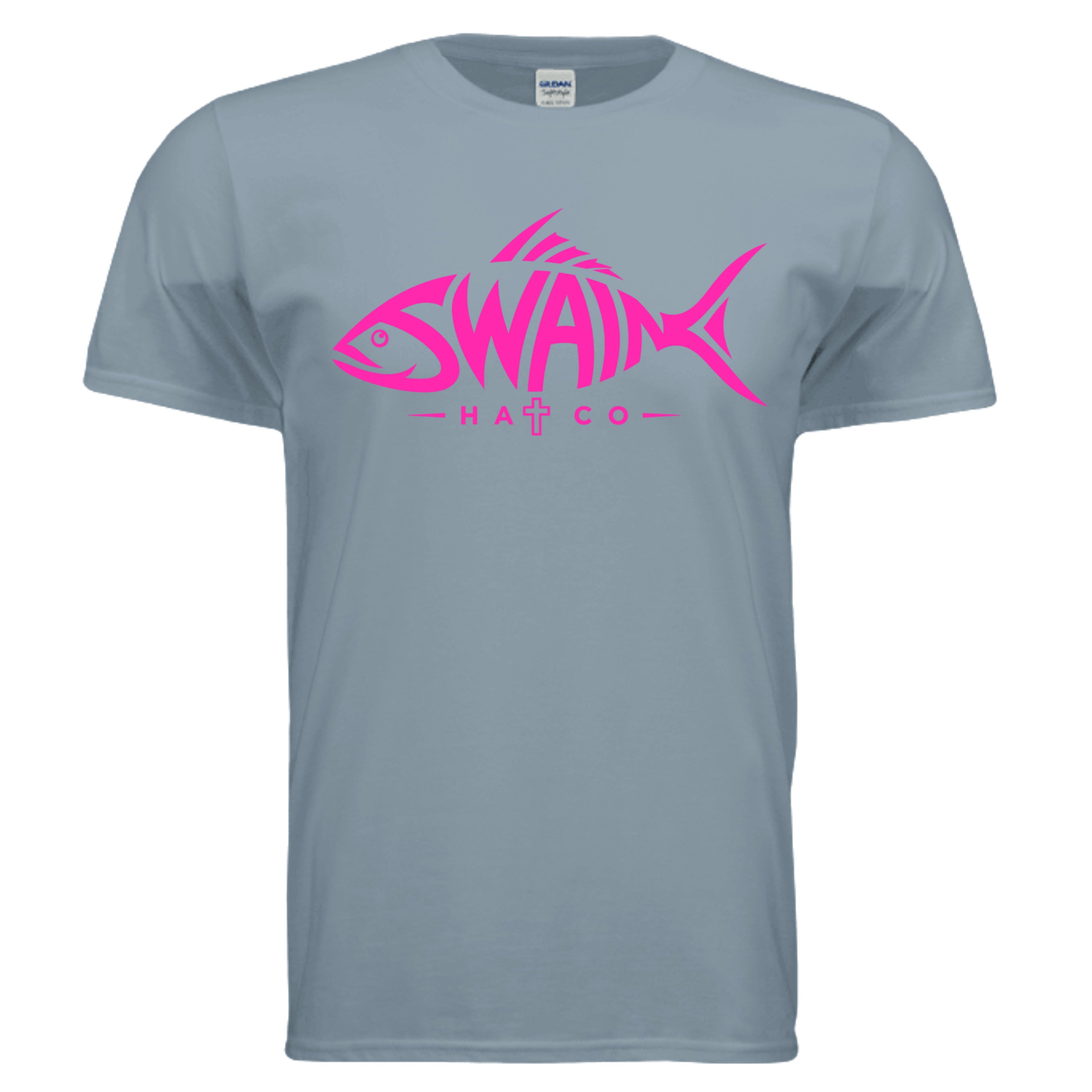 SwainfishLogo2 fishing graphic T-shirt in stone blue, front view