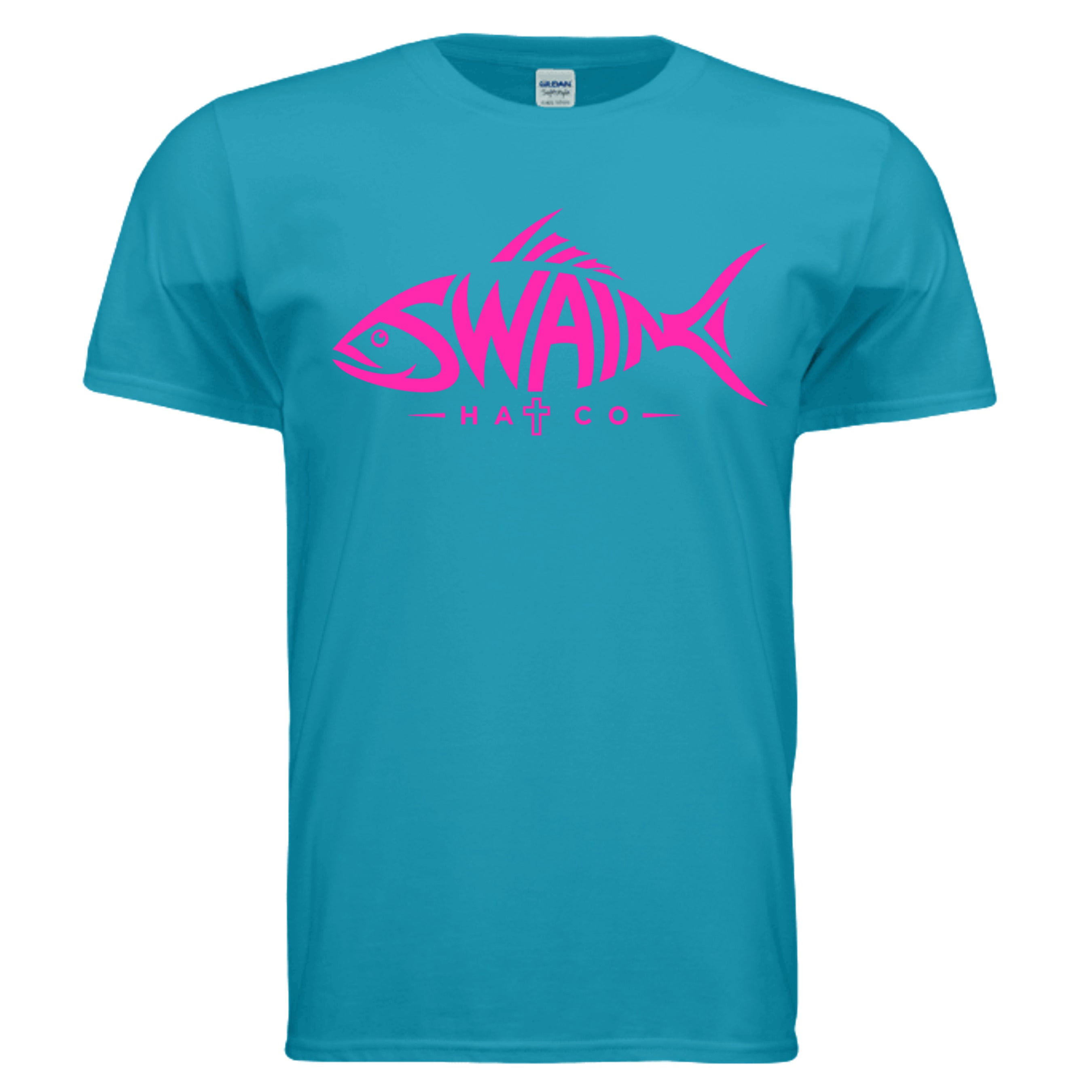 SwainfishLogo2 fishing graphic T-shirt in tropical blue, front view