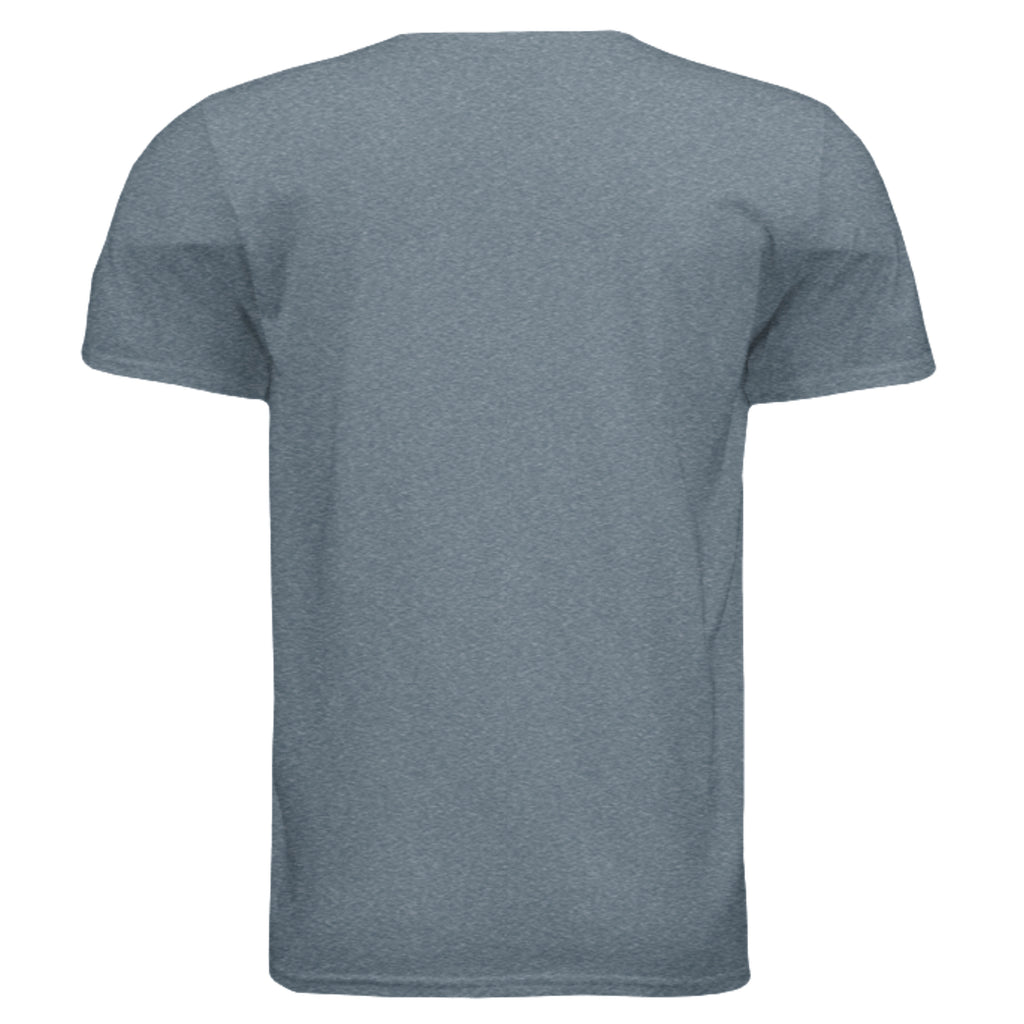SwainfishLogo3 fishing graphic T-shirt in heather indigo, back view