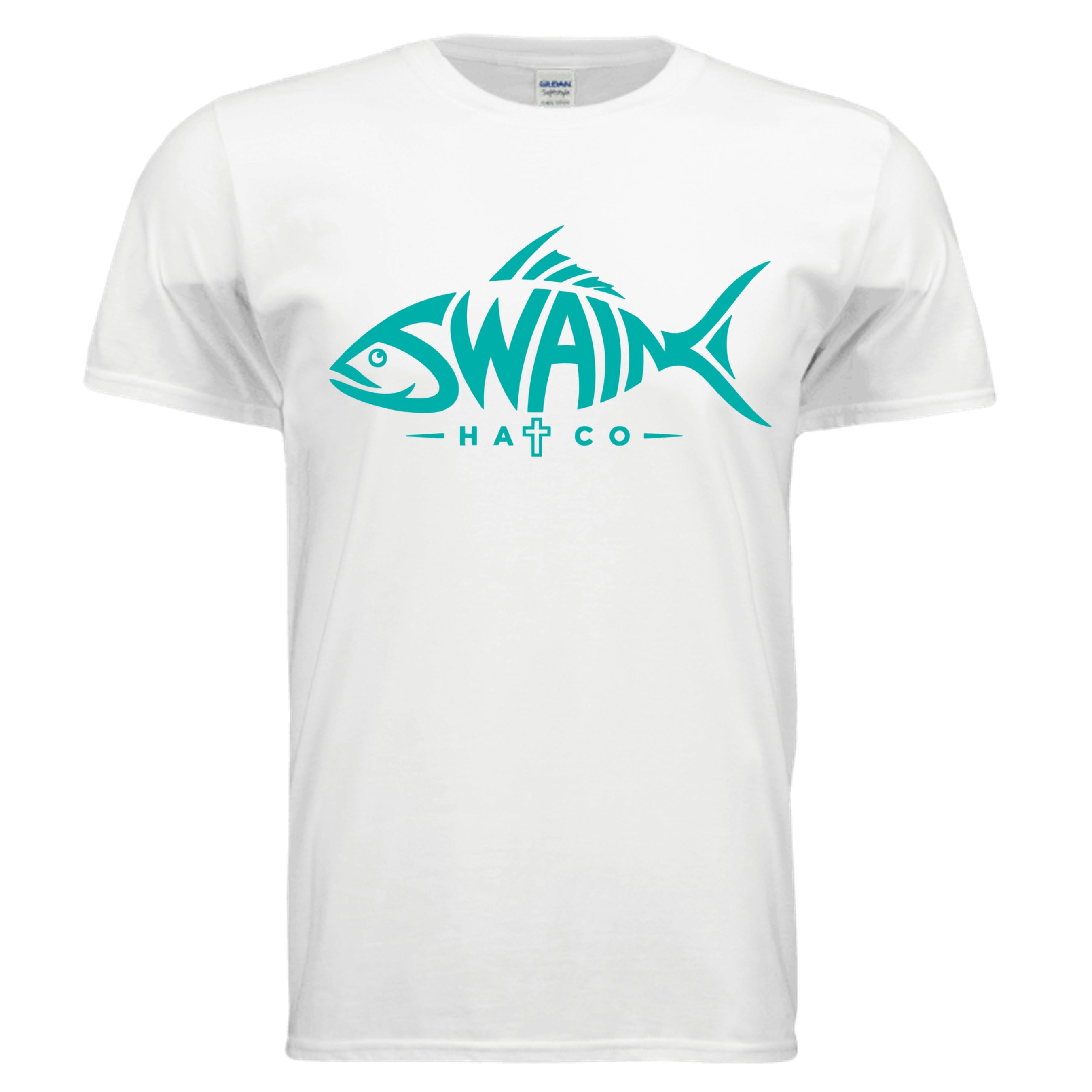 SwainfishLogo3 fishing graphic T-shirt in white, front view