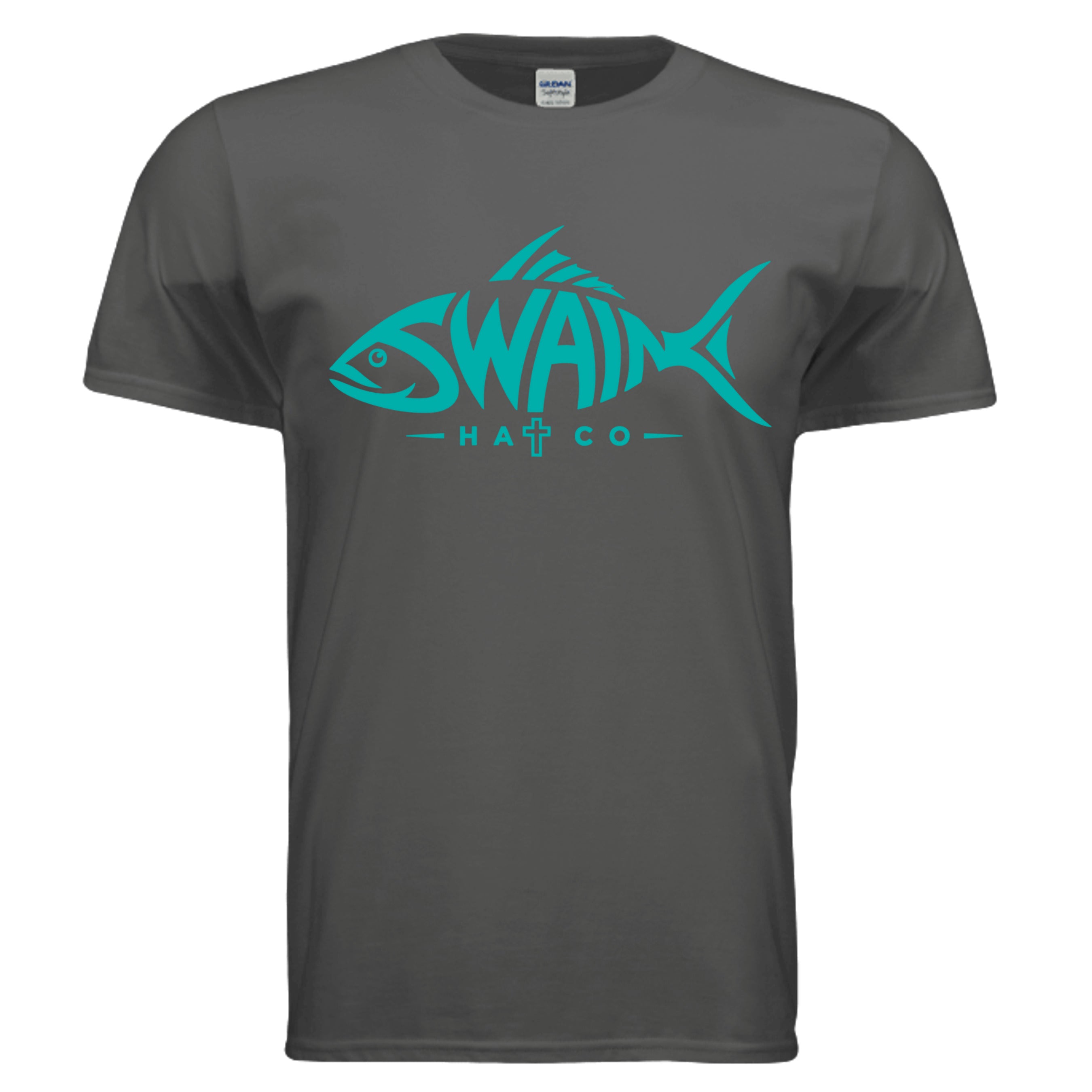 SwainfishLogo3 fishing graphic T-shirt in charcoal, front view