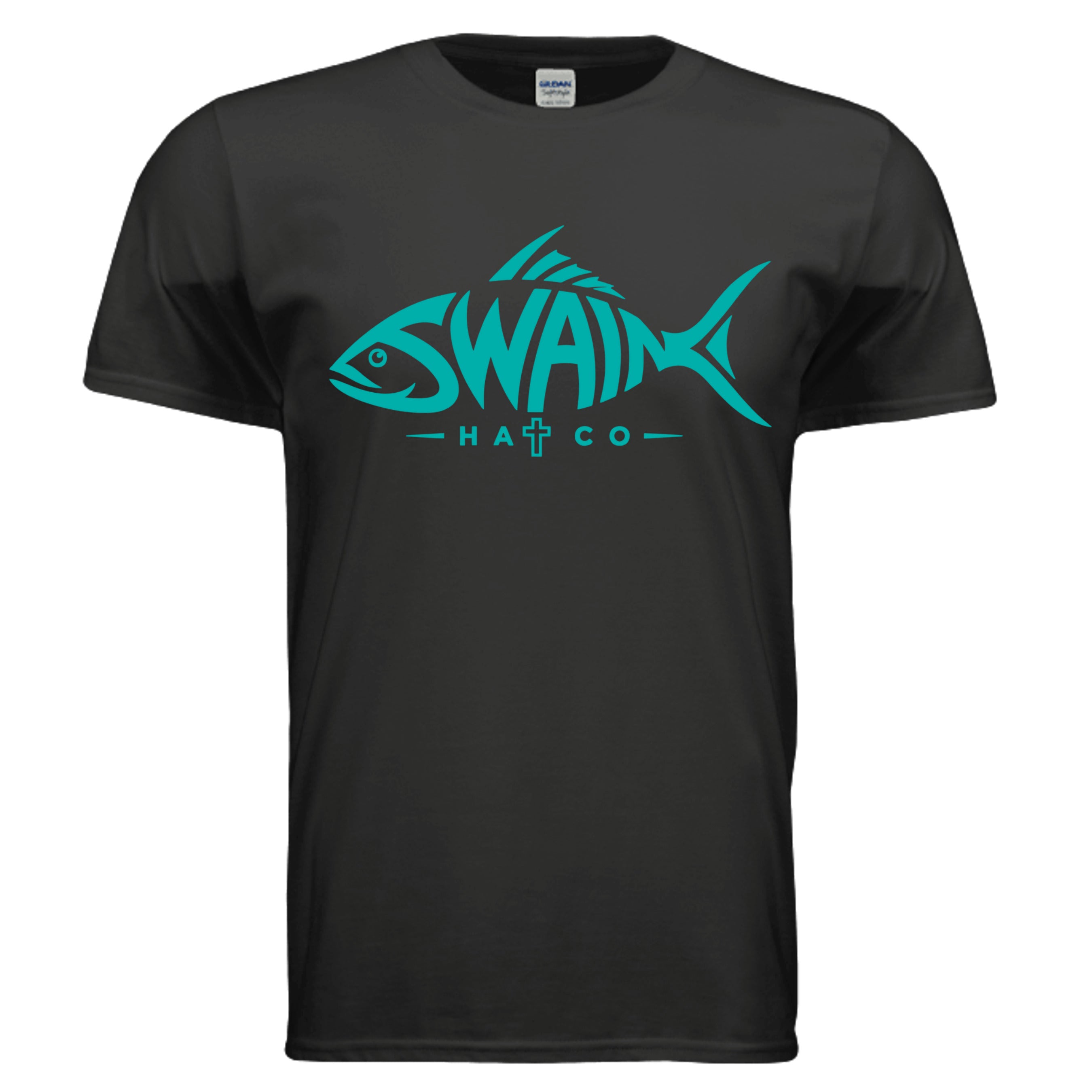 SwainfishLogo3 fishing graphic T-shirt in black, front view