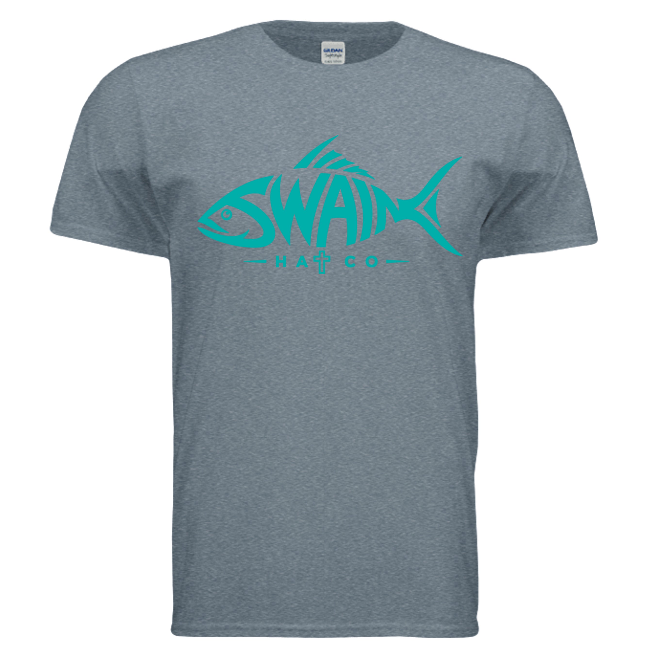 SwainfishLogo3 fishing graphic T-shirt in heather indigo, front view