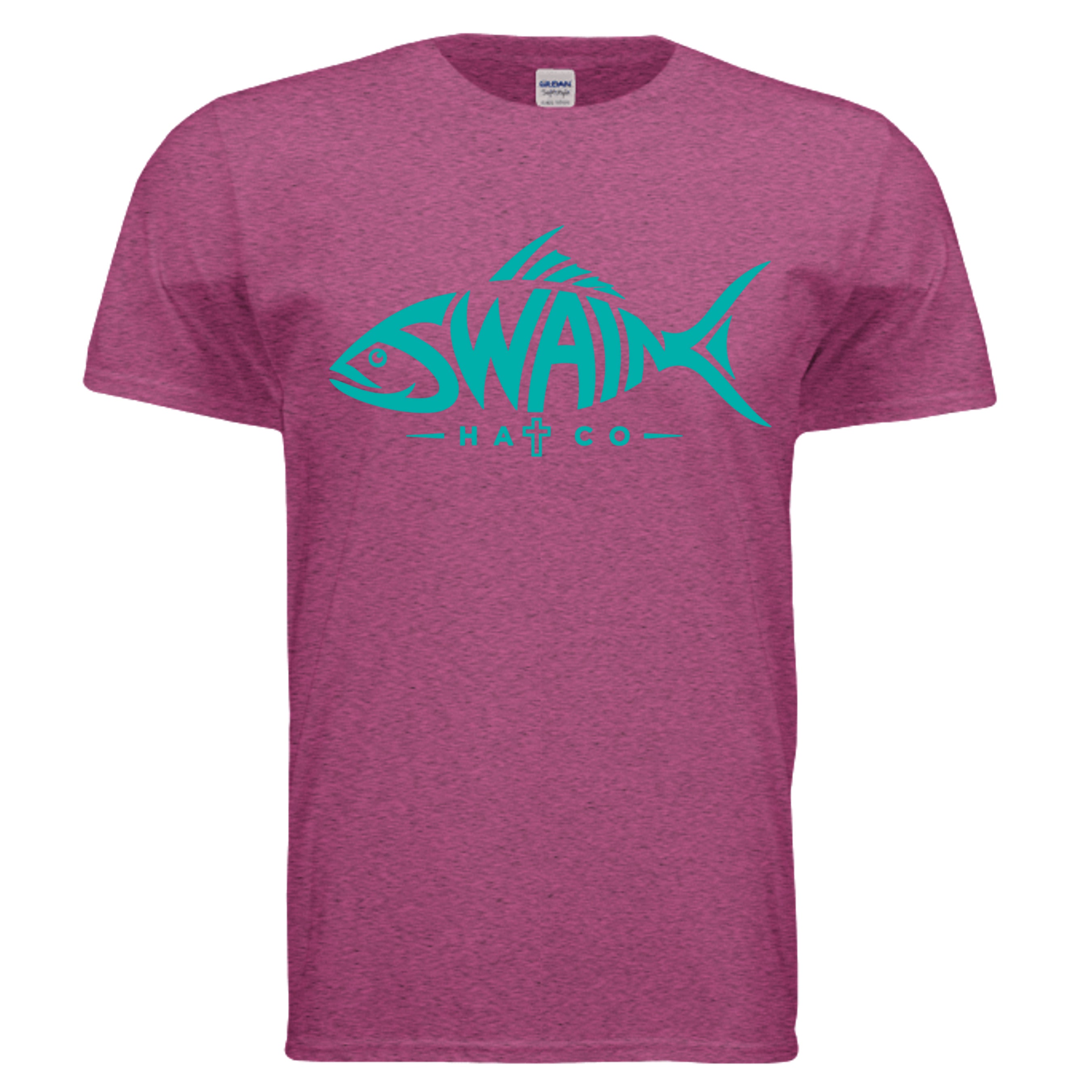 SwainfishLogo3 fishing graphic T-shirt in antique heliconia, front view