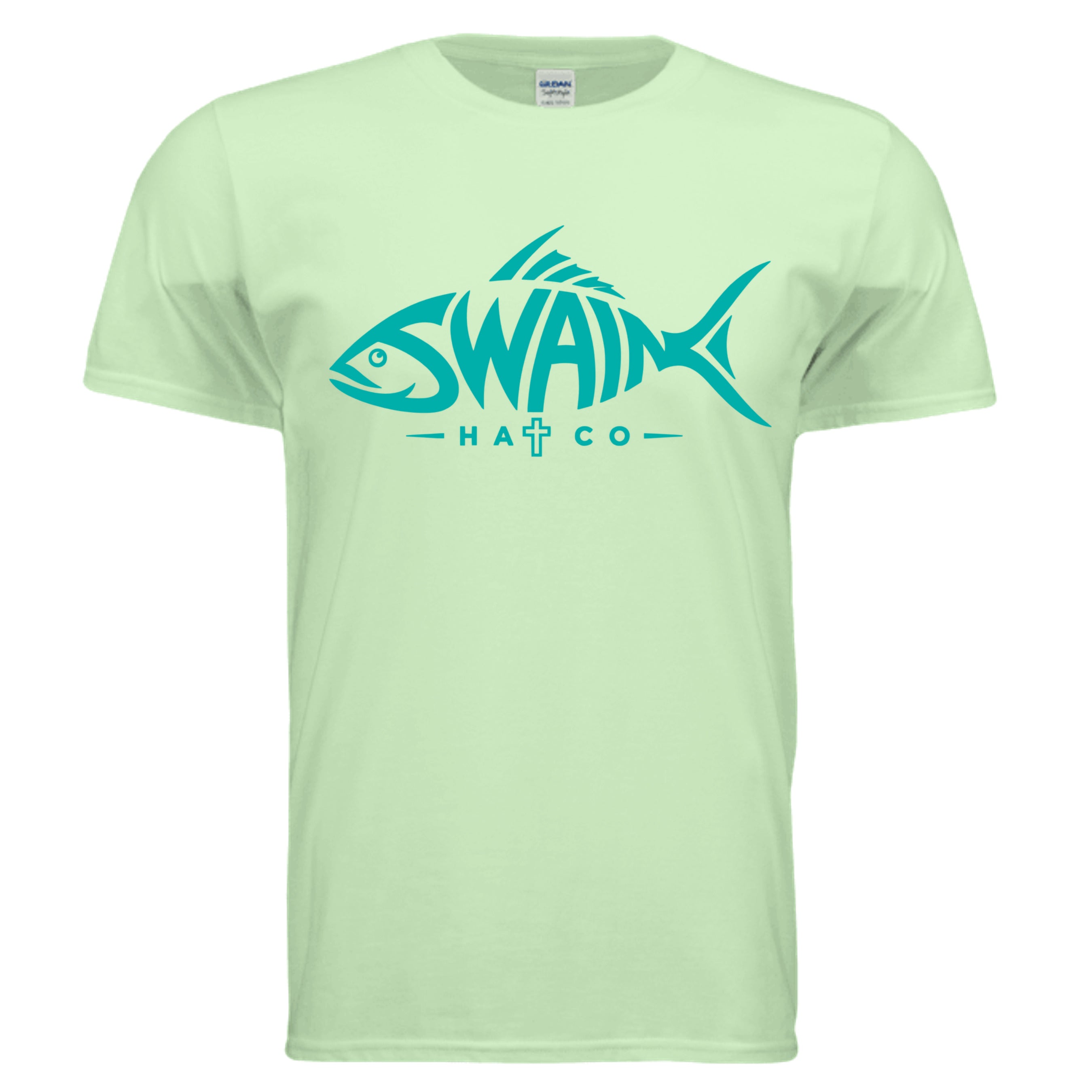 SwainfishLogo3 fishing graphic T-shirt in mint green, front view