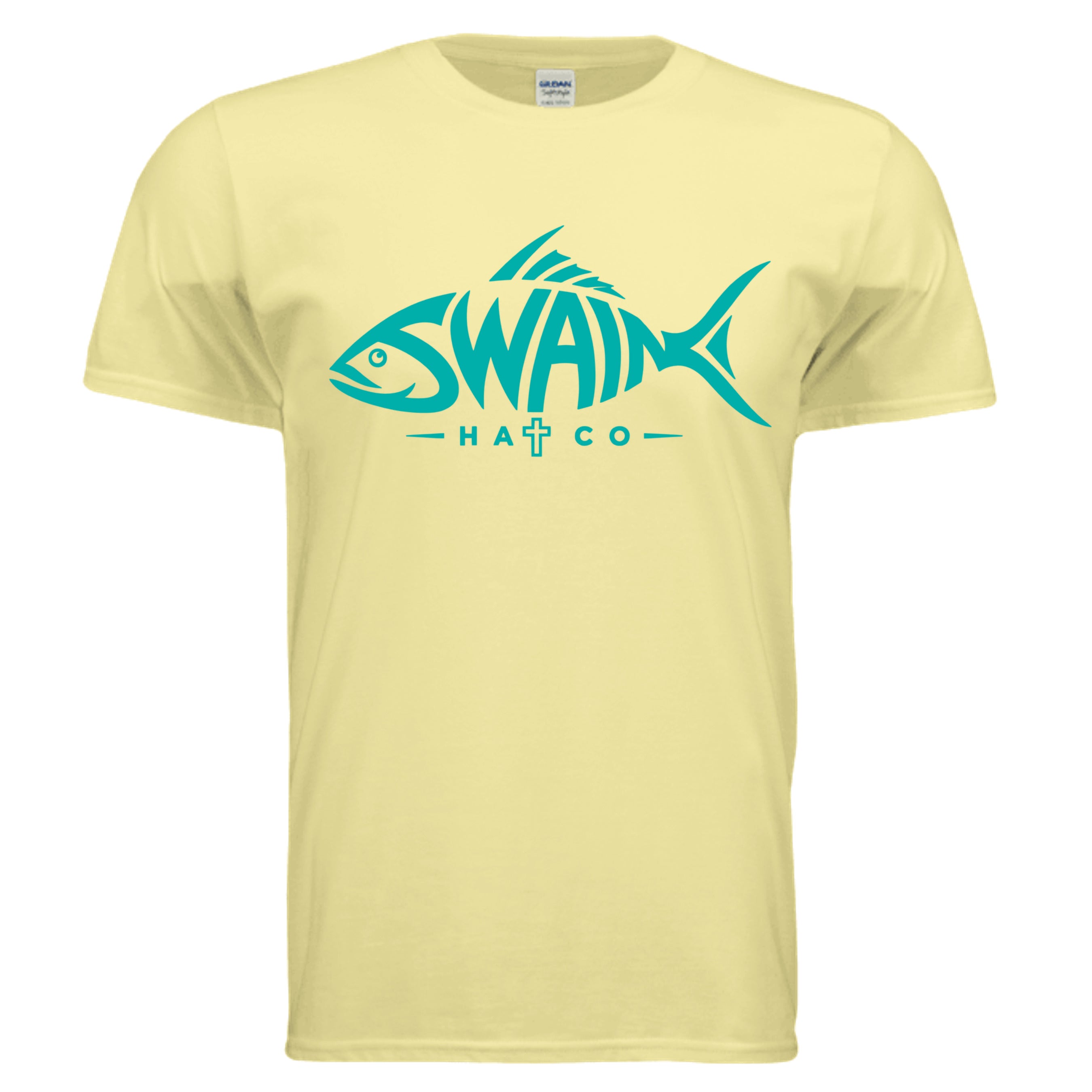 SwainfishLogo3 fishing graphic T-shirt in cornsilk, front view