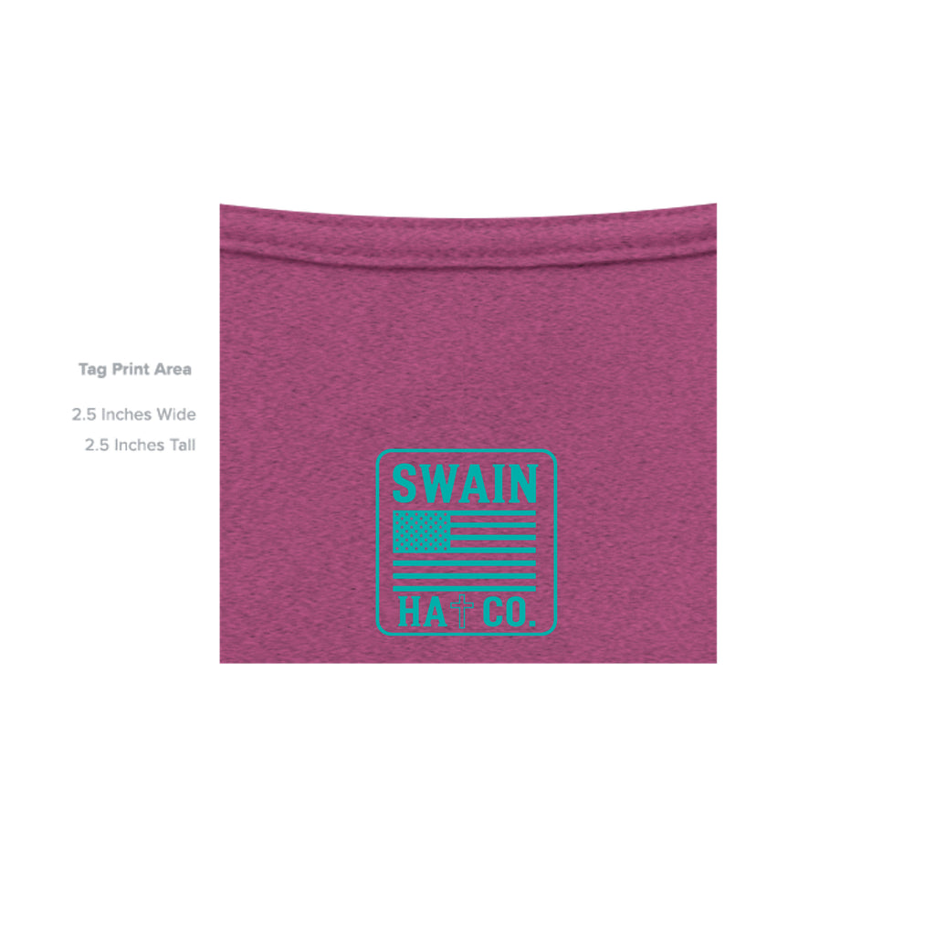 SwainfishLogo3 antique heliconia T-shirt inside label detail